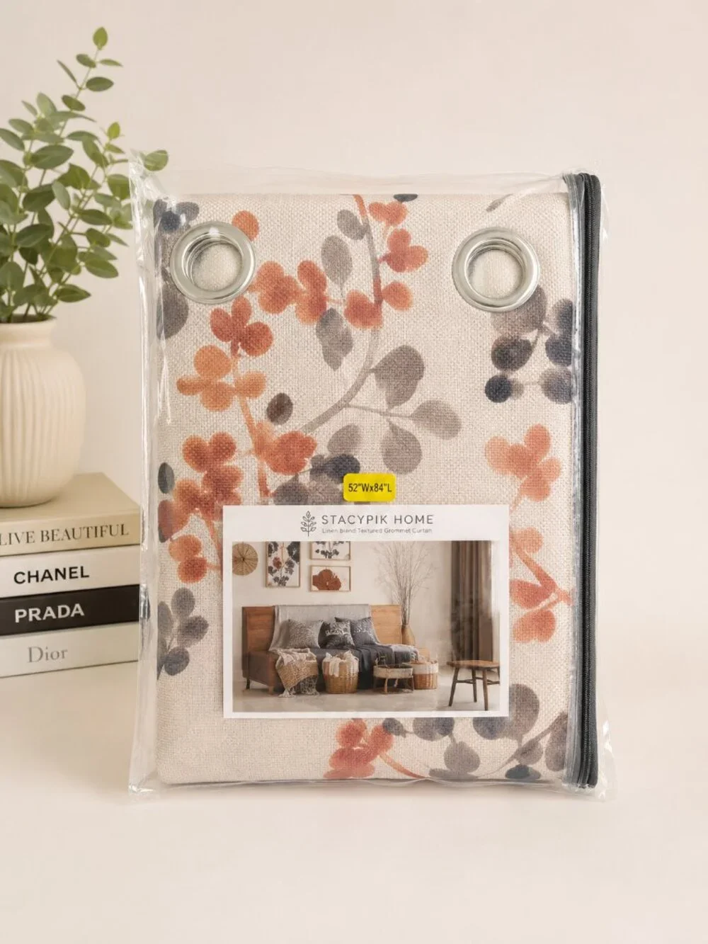 StacyPik Linen Blend Floral Curtains 84 Inch Grommet Gray Coral 2 Panels NWT